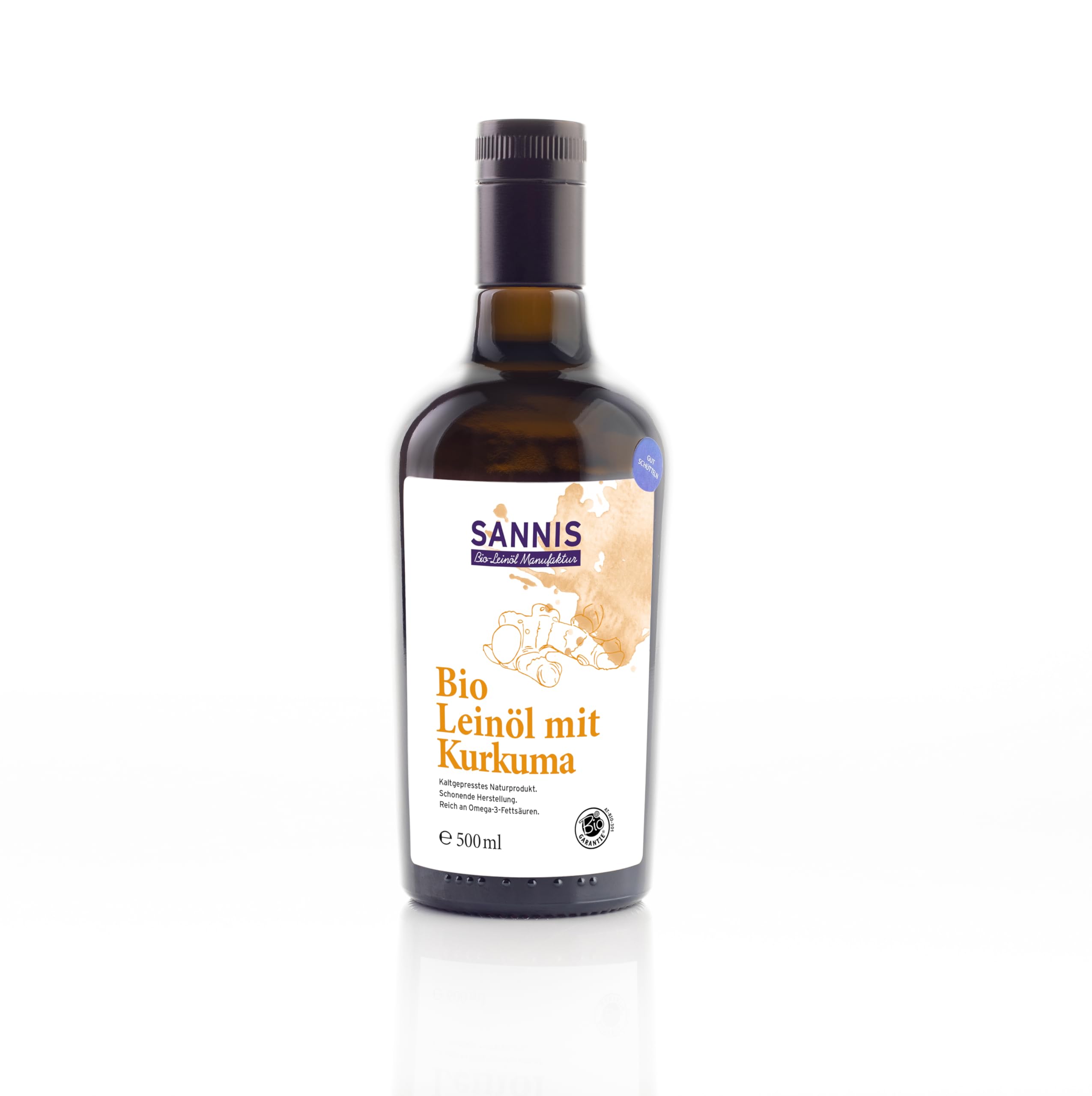 SANNIS Bio-Leinöl mit Kurkuma 500 ml I Leinöl aus kontrolliert biologischem Anbau I kaltgepresst & ungefiltert I reich an Omega-3-Fettsäuren I nussig milder Geschmack ideal für Nudel- und Reisgerichte