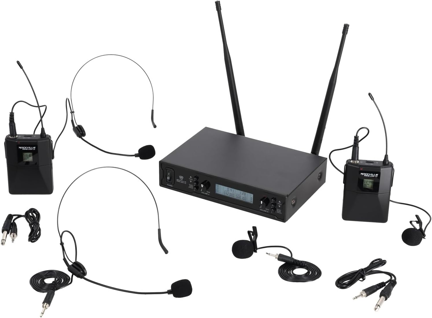 Rockville RWM-200 L2 Dual UHF Beltpack Wireless Microphone System, Lavalier & Headset Mics, 200 Channels, 3 Band EQ, Echo