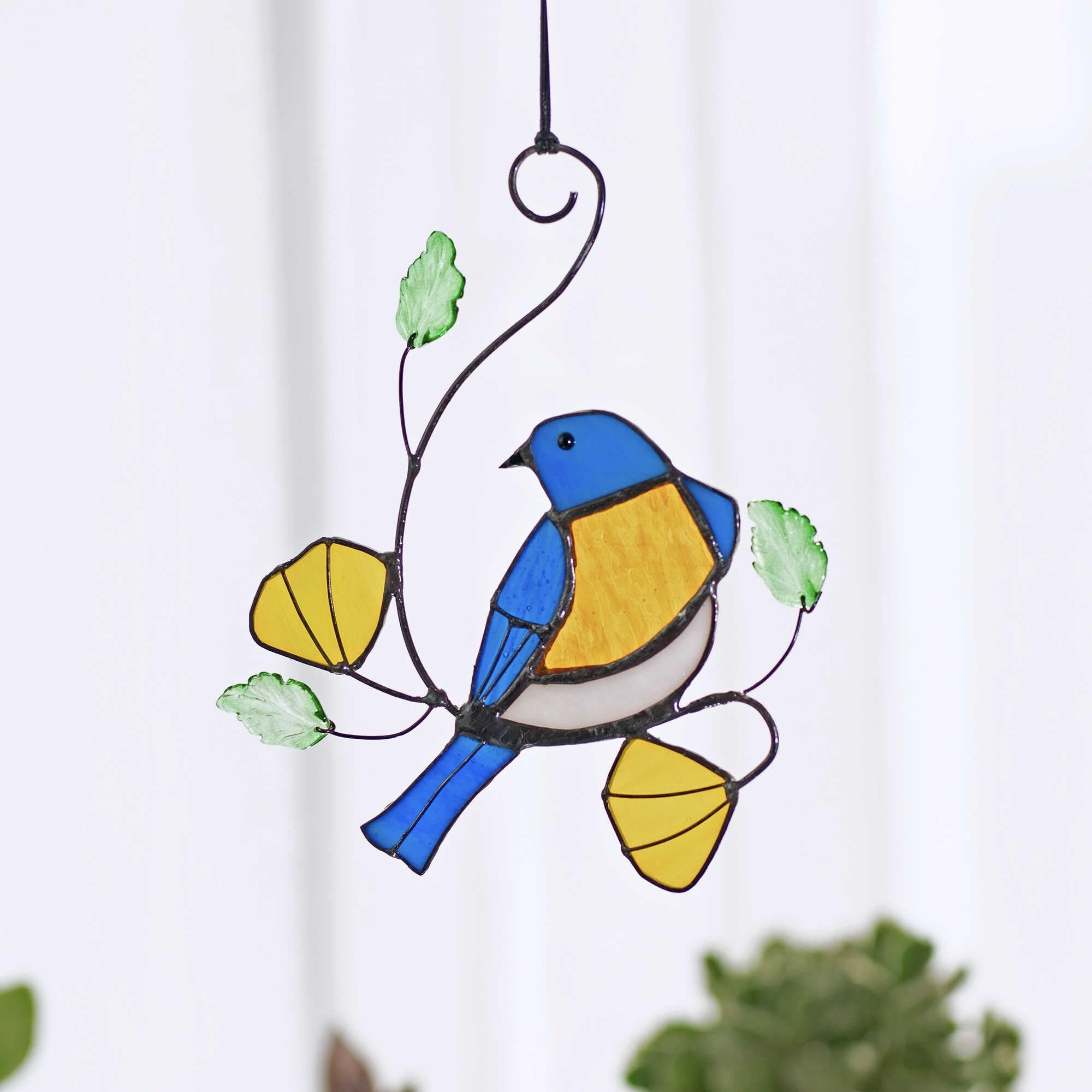 Orn 310-2 Sonnenfänger Aus Buntglas – Blauer Vogel Für Fensterdekoration (mit Saugnapf)