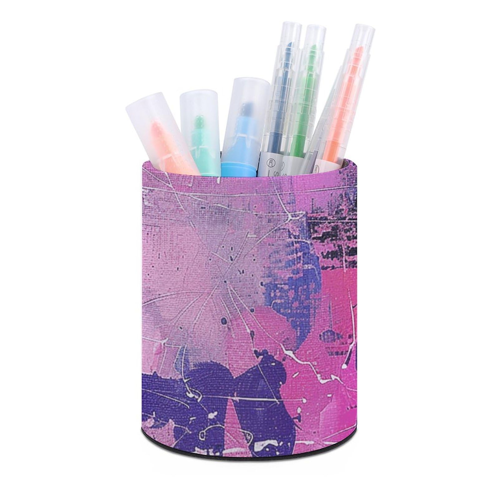 KLOPH PU Leather Pen Holder for Desk, Aesthetic Pencil Cup for Desktop, Makeup Brush Srotage for PenOrganizer Office Supplies, Peach And Purple Painting Pen Cup Pencil Caddy for Home Art Supply