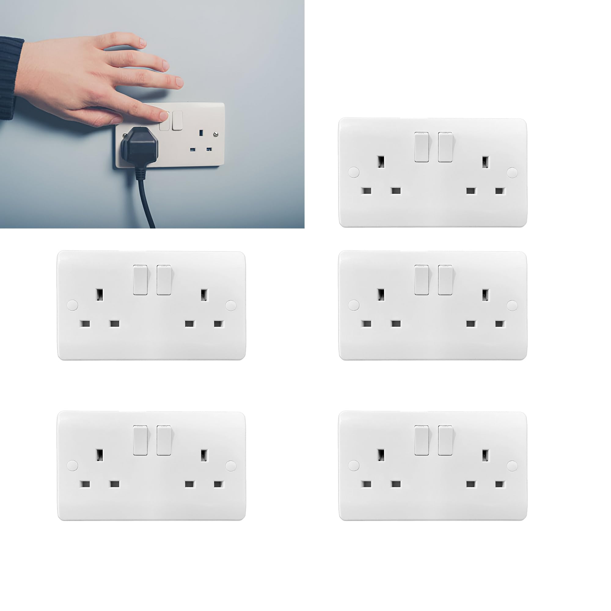 Brightex, Pack of 5 2 gang 13a switched socket double pole Sockets & Switches With Round Courner Round Edge White Surface Mount