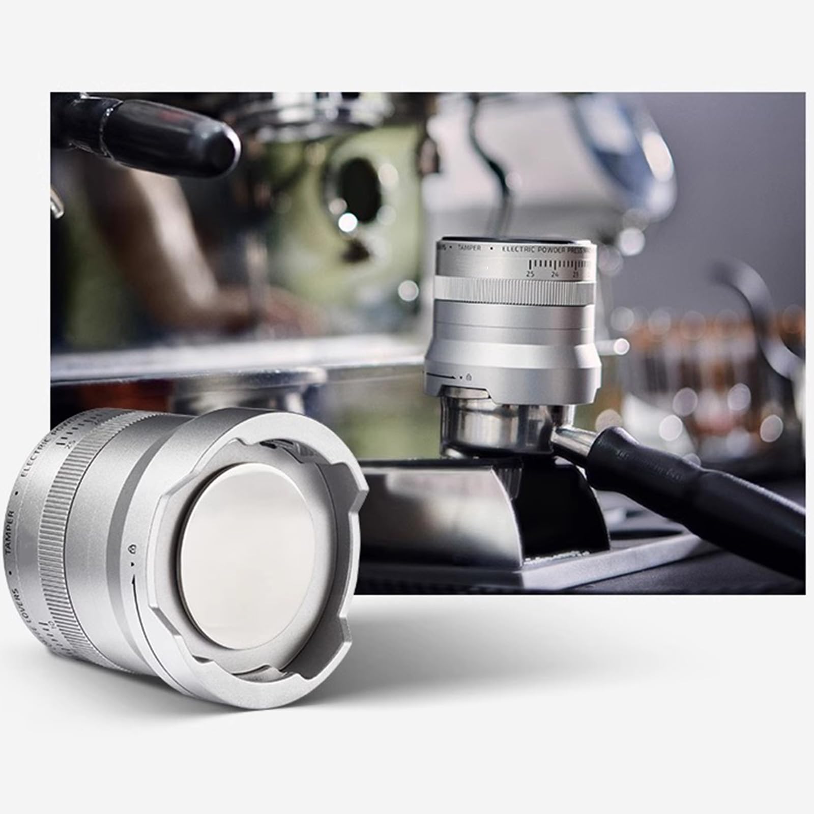 Martillo eléctrico de café en polvo, con 16 niveles de presión ajustable (10-25 kg), prensado automático, para portafiltro de 58 mm, cafeterías y hogar (plateado)