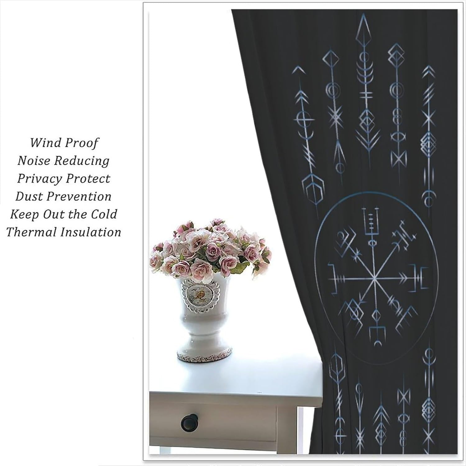 Viking Curtains, Golden Blue Gradient Colors Ancient Magic Runic Symbols Blackout Window Treatments, Rod Pocket Thermal Insulated Drapes 2 Panel Sets for Bedroom Living Room Kitchen, 42"W X 45"L