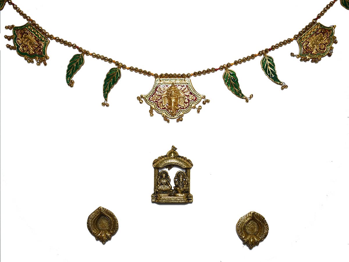 STORE INDYA Pooja Combo Set with 1 metal Toran(50 Inches/4 Feet), 1 Ganesh and Laxmi Murti and 2 Brass Coating Diya
