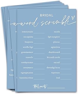 Bridal Shower Games Cards, Bridal Word Scramble, 25 Game Cards with 1 Answer Card, Engagement Party Wedding Games for Guests, Minimalist Blue Wedding Party Supplies - B14