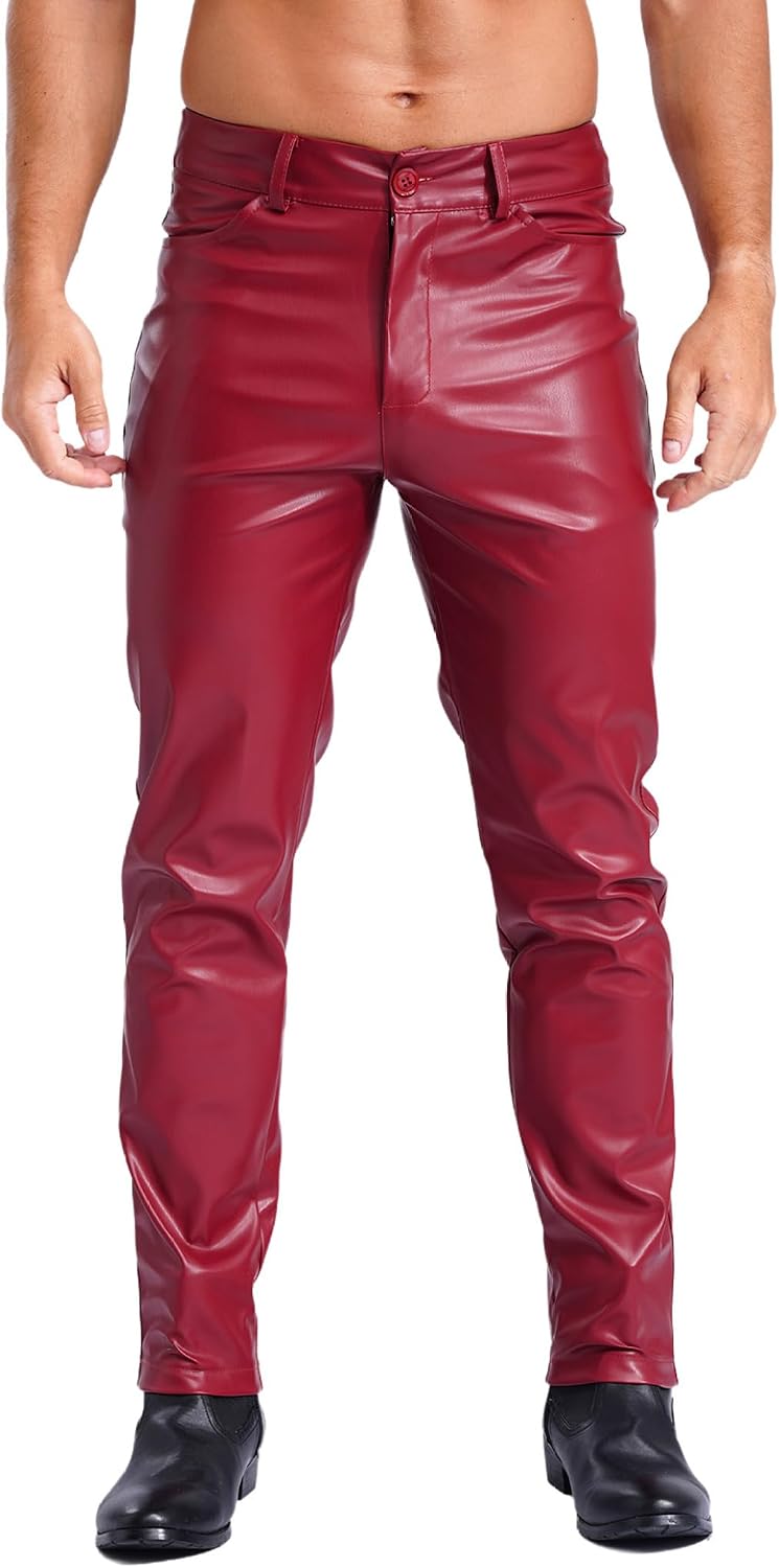 Men Stretch Faux Leather Night Club Slim Fit Zipper Trousers Motorcycle Long Pants Leggings