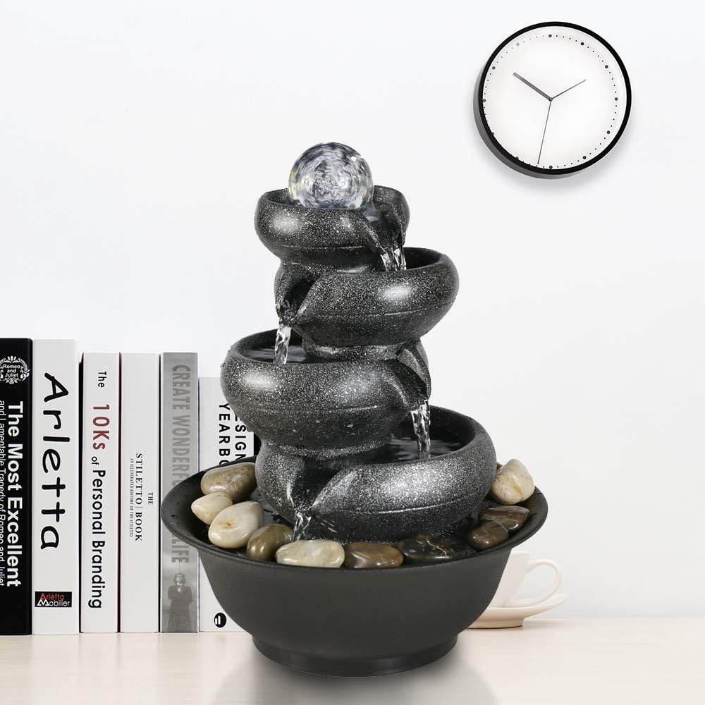BBabe Flowing Pot Table Waterfall Fountain 11 2/5", 4 Tier Indoor Fountain Zen Meditation Waterfall with Ball LED Light for Home Office