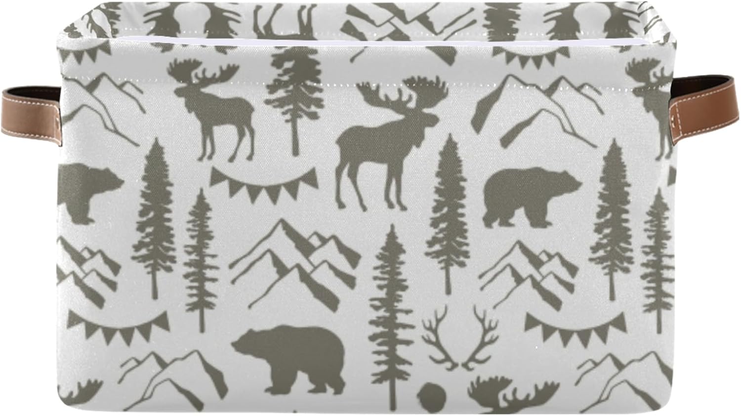 Forest Moose Bear Mountain Trees Wild Nature Retro Grey Style Rectangular Storage Basket Bin, Collapsible Storage Box with Leather Handles, Nursery Baskets Organizer for Kitchen, Kids Toy