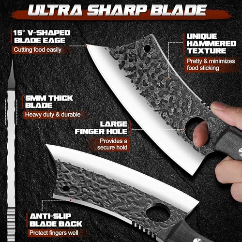 Image of ROCOCO Meat Cleaver Butcher Knife - Full Tang Knife & Sheath Gift Idea Men | Sharp Hand forged Knife for Home Outdoor BBQ Camping Mother Father Gift Idea Men Black 6.3 inch