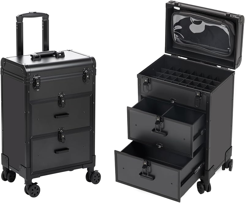 Maleta de maquiagem BEAUTY CASE com rodinhas, 3 compartimentos, 2 gavetas e bolsa transparente, Black