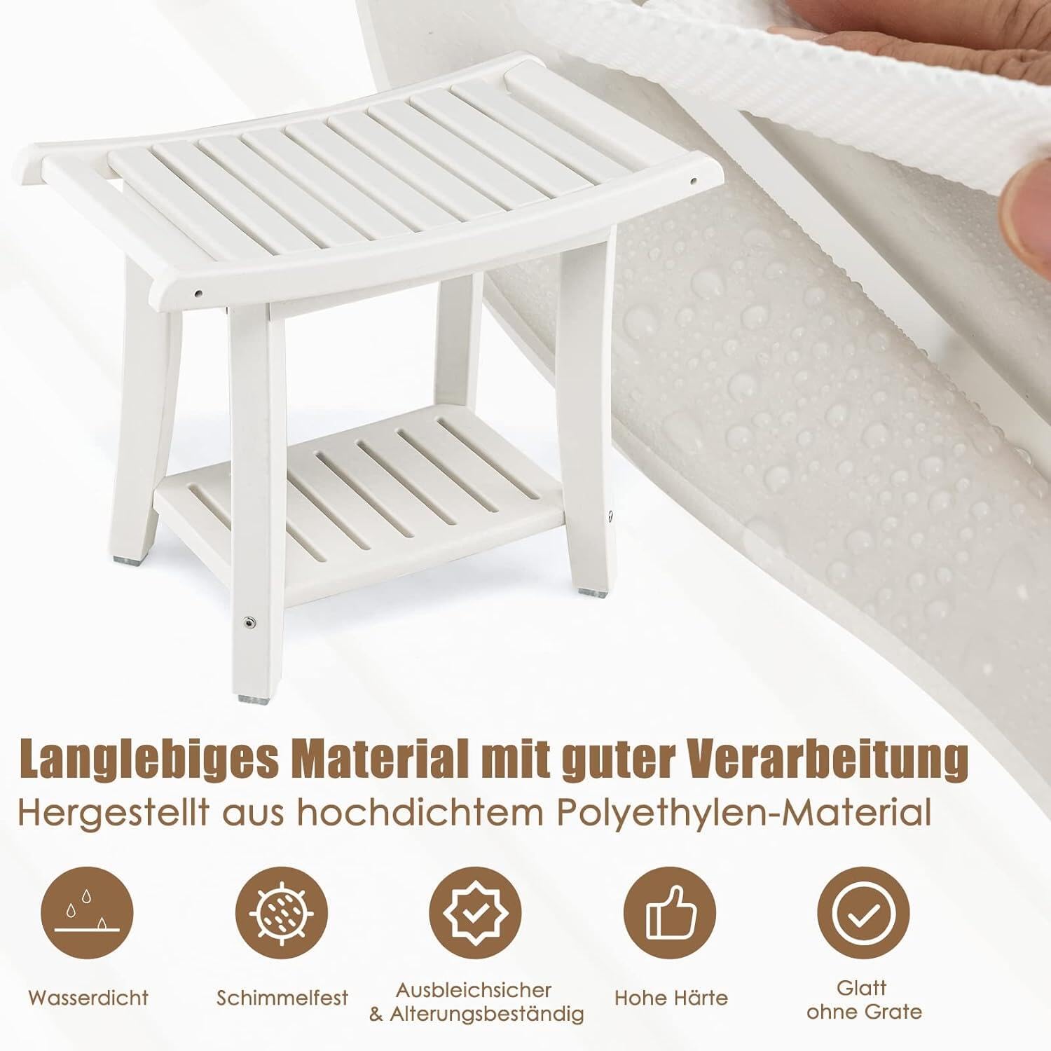 RELAX4LIFE Duschbank, Badezimmerbank mit Ablage Handtuchhalter, Badhocker mit Rutschfesten Füßen, Duschstuhl bis 150kg Belastbar, Duschsitz für Alte Schwangere, 60,5 x 34 x 48 cm, Weiß