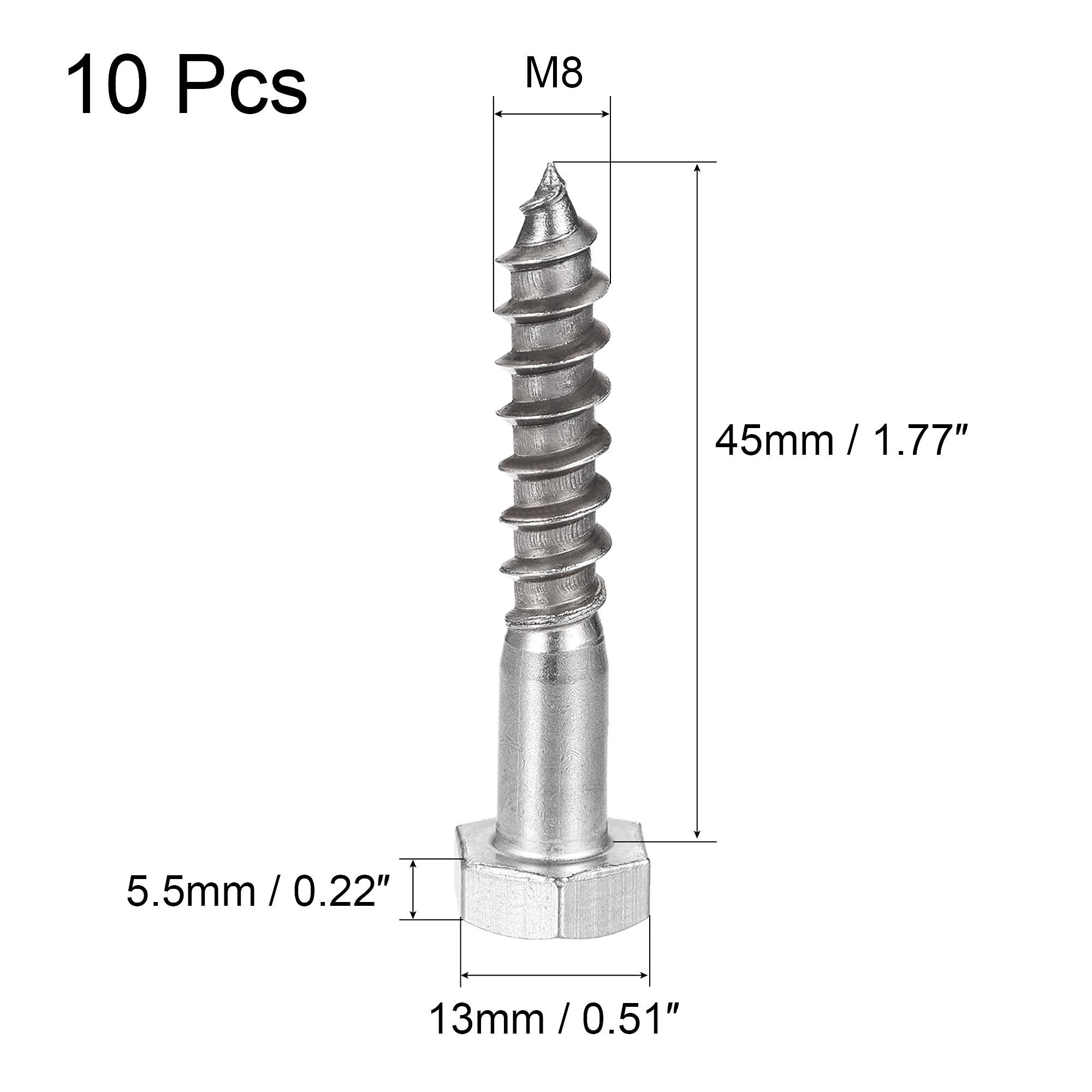 TA-VIGOR 10Pcs Coach Screws, M8 x 45mm Hex Head Lag Bolts - Image 2
