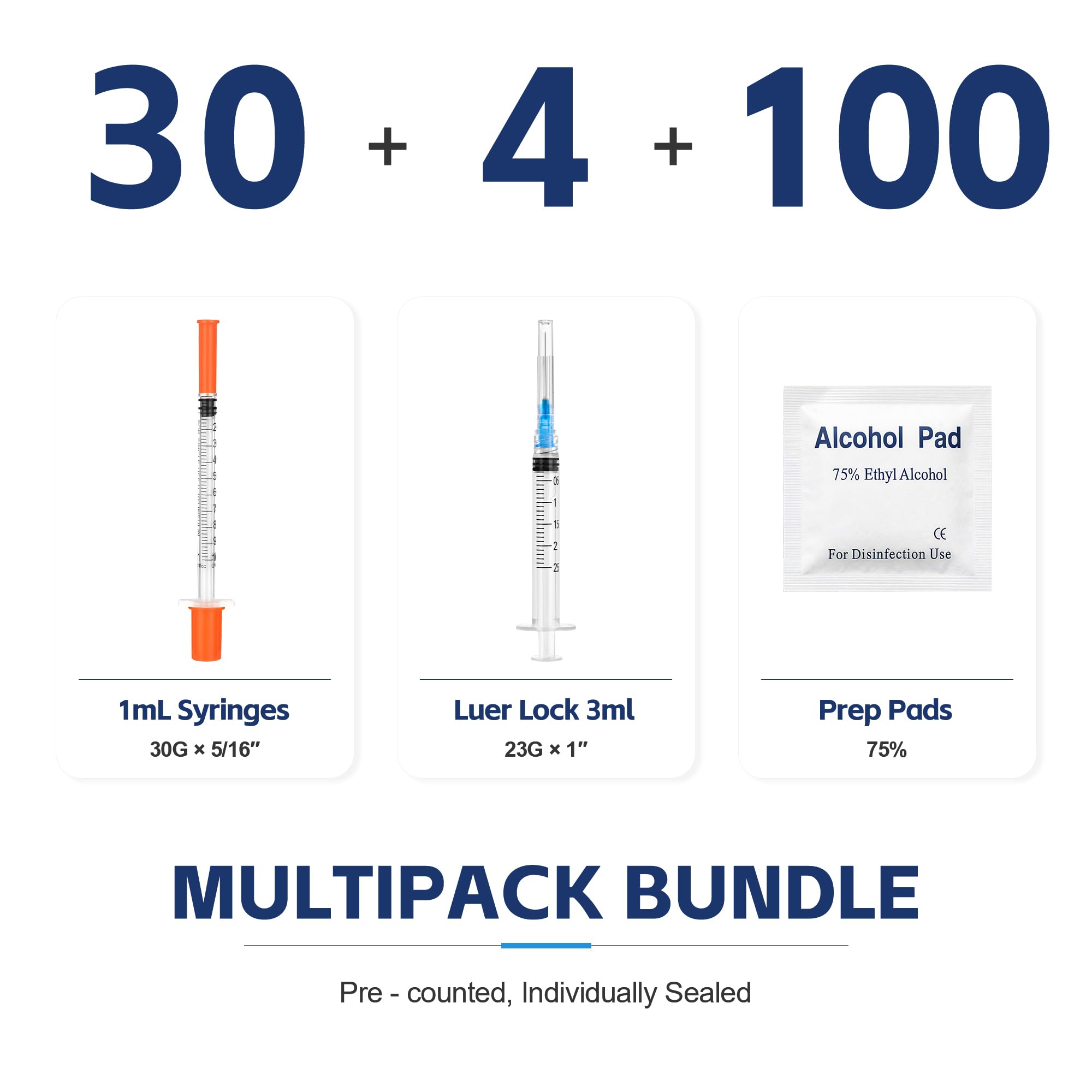 30 Pack 1ml Lab Vial Dispensing Peptide Syringes, 30G x 5/16", 100-Unit Scale - Includes 4 Luer Lock 3ml Syringes with 23G x 1" Tips and 100 Prep Pads, Sterile Individually Sealed — Amazon image 2