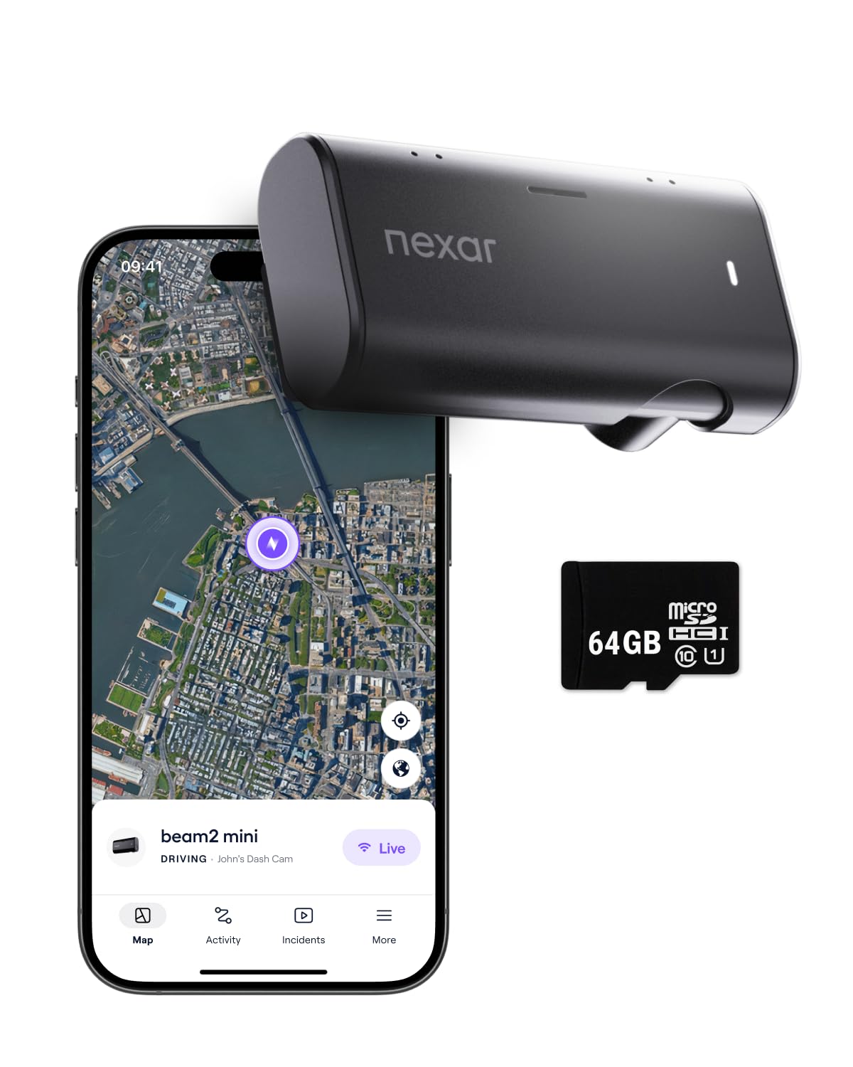 Nexar Beam2 Mini Dash Cam Car Camera 64GB Storage 24H Parking Mode Wide Angle FHD Lens Wireless Dash Camera for Cars Includes $25 OBD Hardwire Kit for Continuous Power