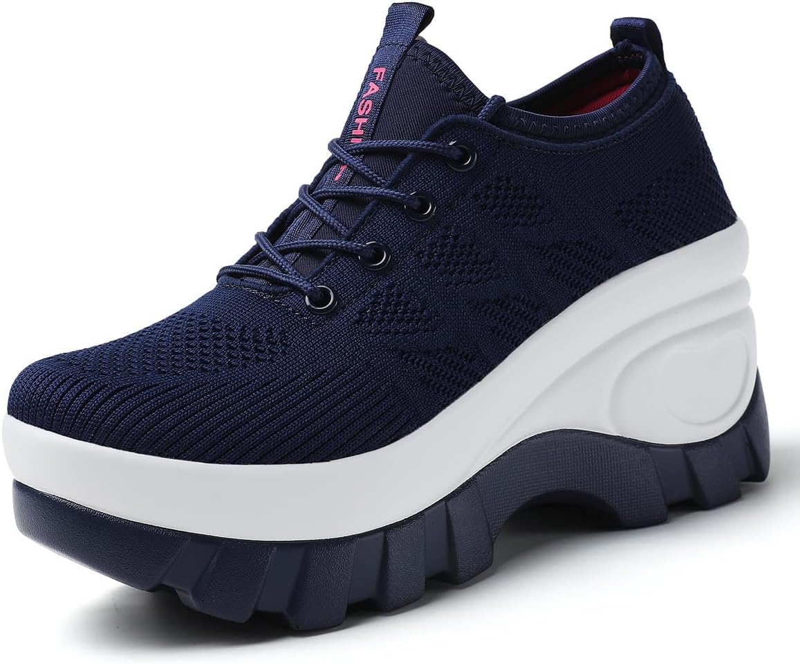 Women's Chunky Platform Comfort Orthopedic Wedge Walking Shoes Fashion Knitted Breathable Lace Up Lug Sole Casual Non-Slip Running Shoes with Arch Support