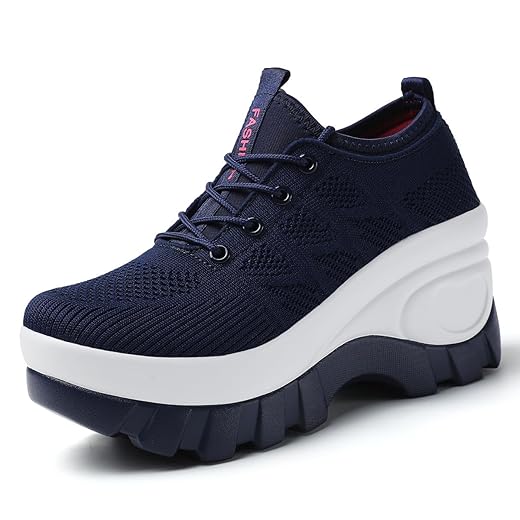 Tênis de corrida feminino, plataforma grossa, confortável, ortopédico, plataforma, plataforma, ortopédico, moderno, tricotado respirável, com cadarço, sola articulada, casual, antiderrapante, com