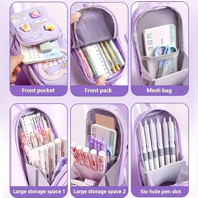 Image of Invite Enterprise Polyester Kawaii Pencil Case - 3 Compartment Aesthetic for Girls, Large Multifunctional Stationery Organizer for School Office (Happy Time Purple)