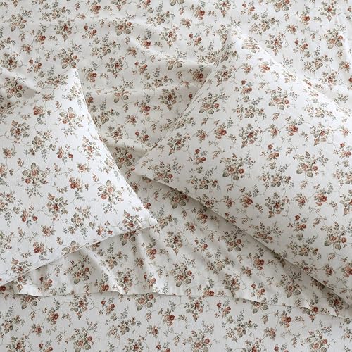 Image of Laura Ashley - Flannel Sheets Queen Size, Anti-Pilling & Wrinkle Resistant Cotton, Touchably Soft for All-Season Comfort - Bed Sheets with Matching Pillowcases & Fitted Sheet (Le Fleur Orange)