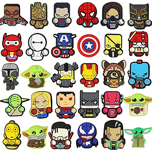 30PCS Hero Shoe Charms for Croc Bands Wristbands, Cartoon Shoe Charms for Clog Sandals Decoration for Kids Boys Girls Teens Party Favors Birthday Gifts