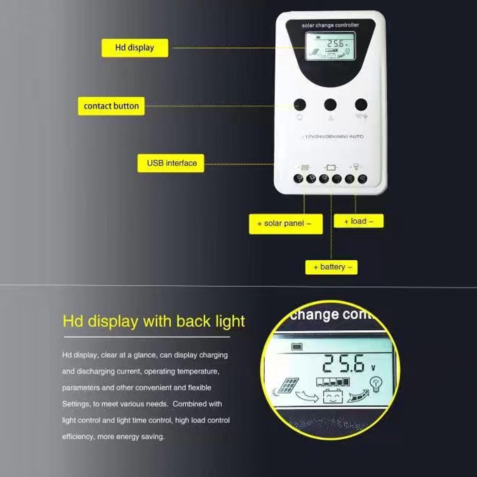 FTVOGUE Controlador de Carga Solar MPPT, Regulador de Panel Solar de Aleación de Aluminio ABS 60 A, Carga de 4 Etapas, Detección Automática de 12 V 24 V 36 48 , para Usuarios de Sistemas Solares (80A)