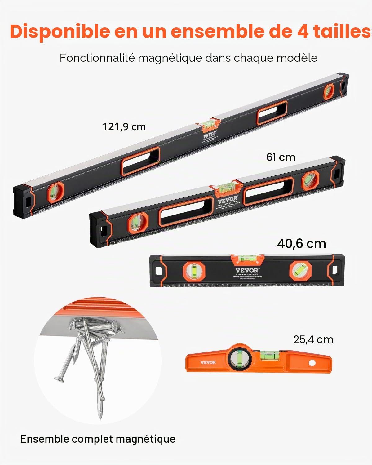 VEVOR Niveau à Torpille Magnétique 4PCS, 48/24/16/10 po, avec Flacons à Bulles, Mesure à 45/90/180 degrés, Outil de Nivellement en Alliage d'Aluminium, Résistance aux Chocs, Mesure SAE et Métrique