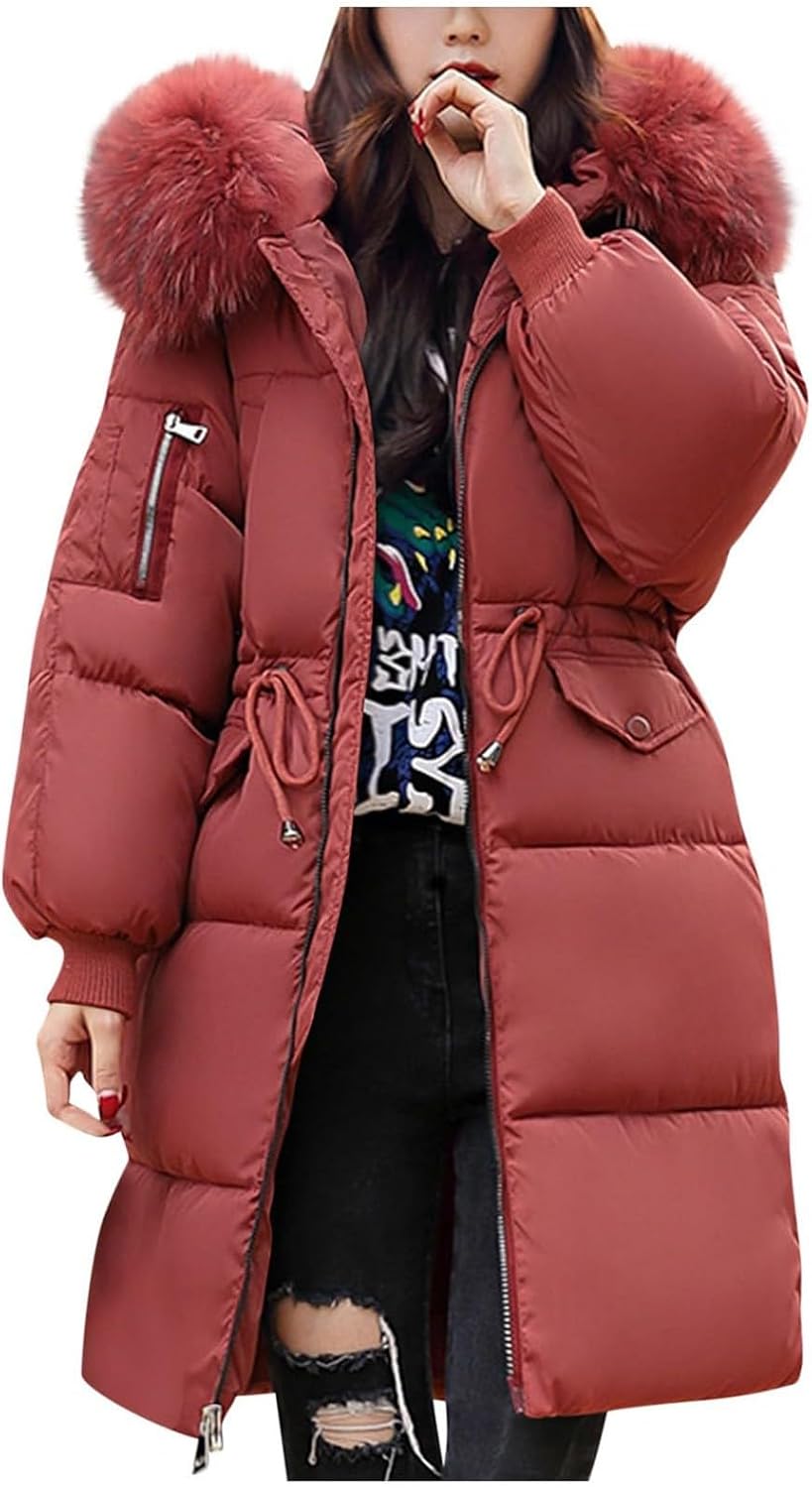 Womens Winter Warm Puffer Coat Thicken Fleece Lined Down Jacket Faux Fur Hooded Parka Padded Jacket with Pockets
