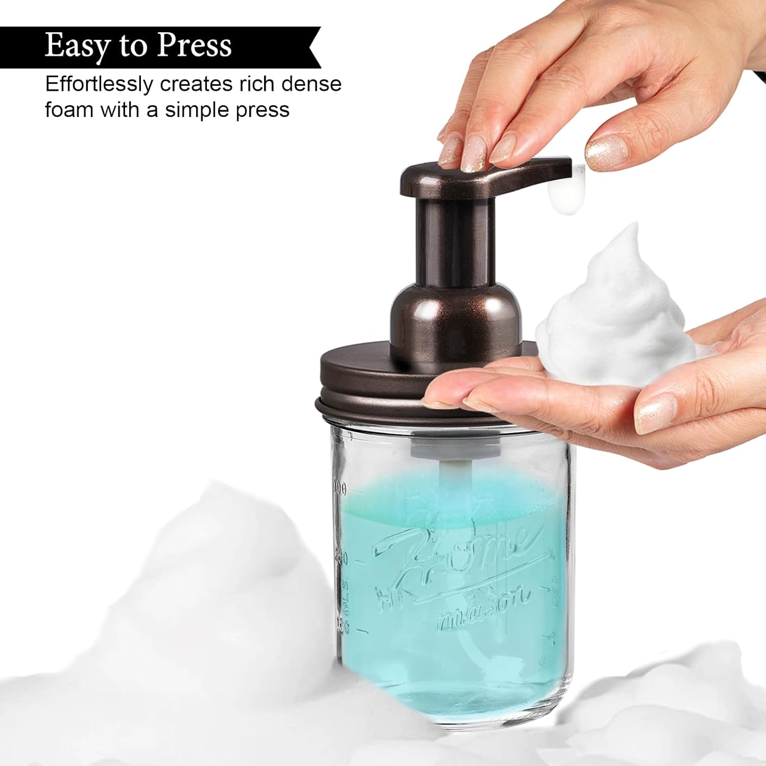SheeChung Mason Jar Foaming Soap Dispenser, Glass Foaming Hand Soap Dispensers, Stainless Steel Lid, Refillable Foam Soap Dispenser for Bathroom Kitchen, Farmhouse Bathroom Decor (2 Pack, Bronze) - Image 4