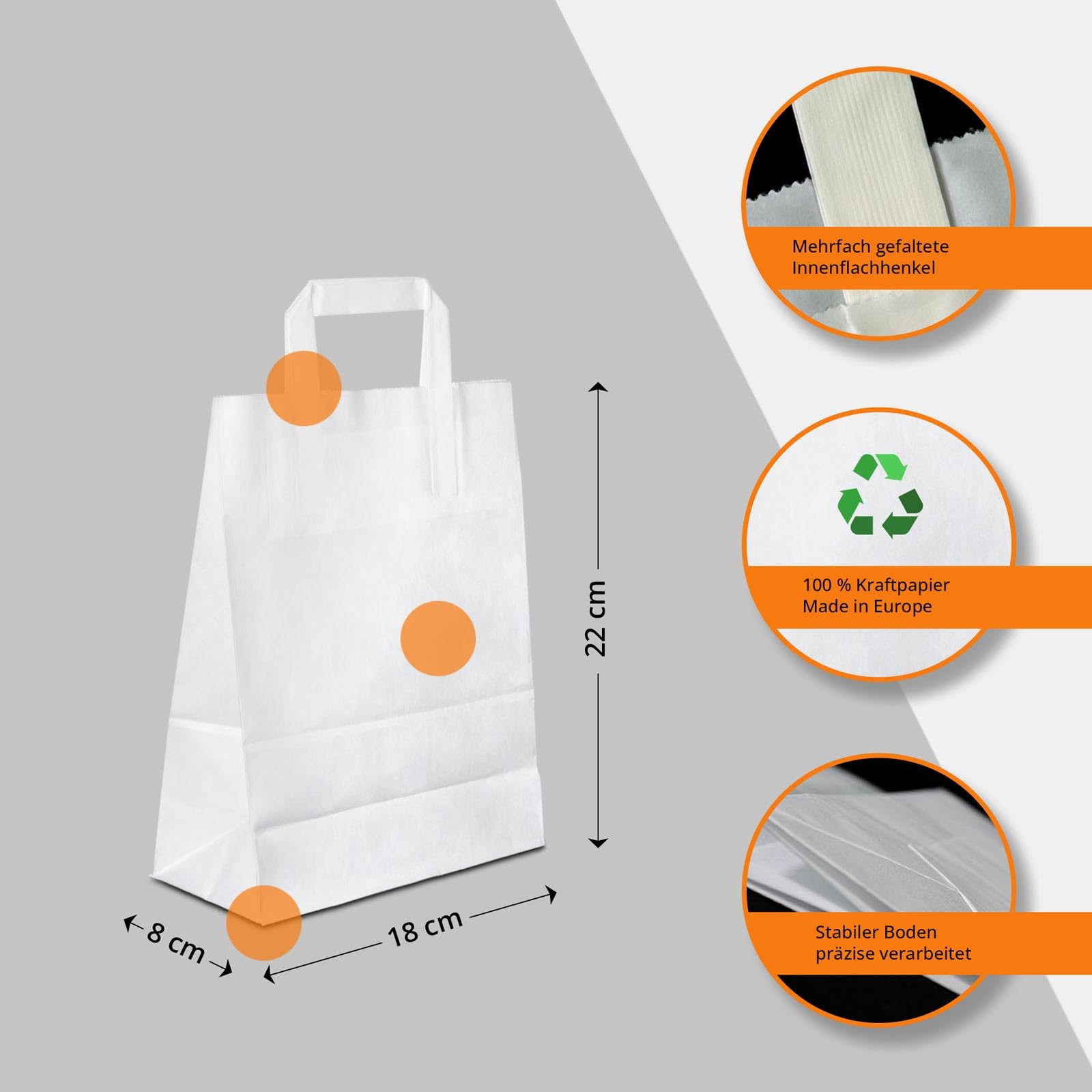Papiertüten weiß mit Flach-Henkel I 250 Stk. 18+08x22cm I Papiertragetasche für Einzelhandel, Hochzeit, Geburtstag, TO-GO I Geschenktüten aus Kraftpapier I HUTNER