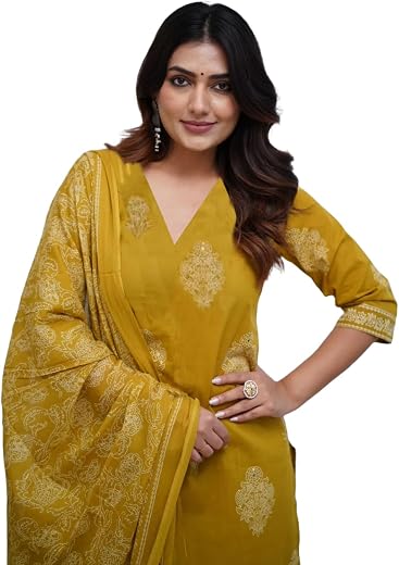 ANNI Designer Women's Pure Cotton Hand Block Print Kurti Pant Dupatta Set for Women | Ethnic Suit Set |Printed Suit Set| S...