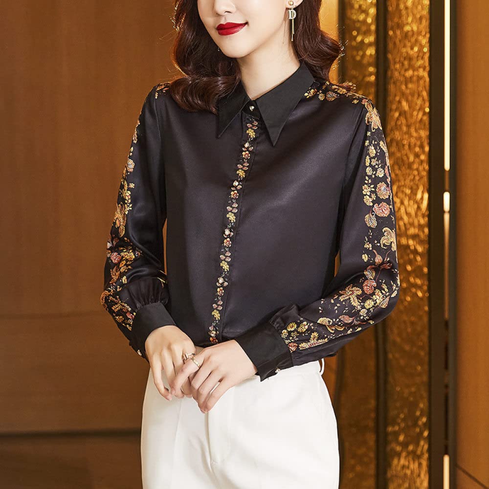 Damen-Hemd Mit Knopfleiste,Leichtes Damen-Revers-Button-Down-Blumendruck-Satin-Blusen-Hemd Mit Langen Ärmeln, Schwarzes Tunika-Hemd, Chiffon-Oberteile, Lässig, Büro, Business-Bluse Für Mädchen, Dame