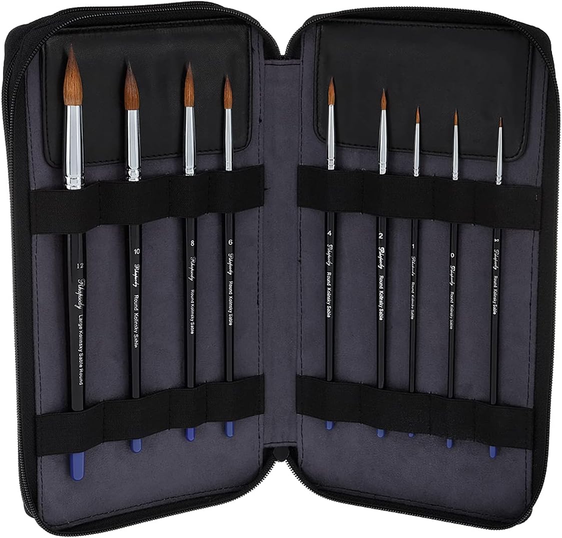 Creative Mark Rhapsody Kolinsky Sable Brushes for Professional Watercolorists - Round Set of 9 Deluxe Leather Case, Full Belly, Split-Proof Points, Chrome Ferrules, Short Handle, English Sizing