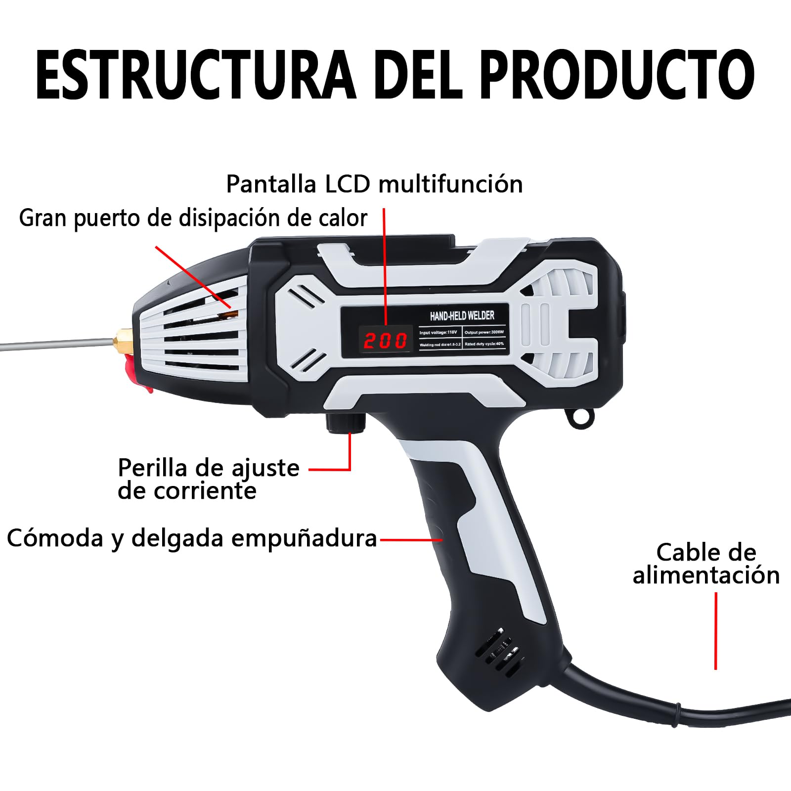Soldador Portatil Inversor IGBT, Soldadora al Arco 20-200A Ajustable, con 10 Varillas de Soldadura, Maquina de Soldar Electrodo 1.6-3.2mm