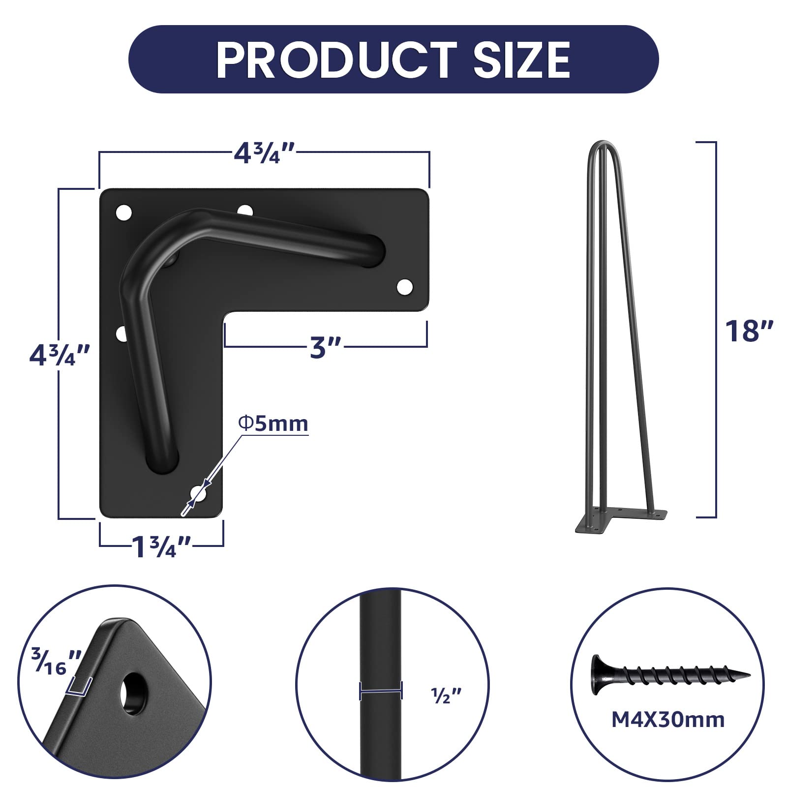 SMARTSTANDARD Nogi stołu do włosów 45 cm, 3 stalowe pręty o średnicy 1/2 cala, nośność 362 kg, styl z połowy wieku, na stolik kawowy, stolik pomocniczy, stojak nocny (czarny, 4 szt.)
