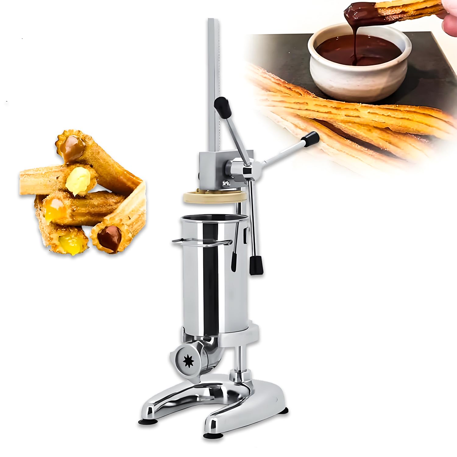 Churrera Manual - 5 Moldes, Acero Inoxidable de Grado Alimenticio y Cubeta Desmontable, Capacidad de 2L/3L para Restaurantes, Panaderías y Preparación de Snacks en Casa 2L