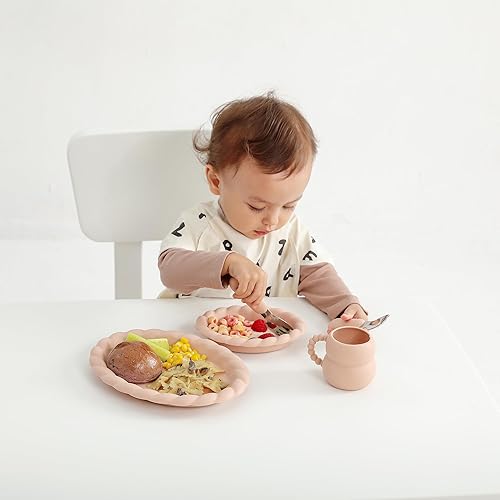Miniatura 6 de TinyHalo Juego de 5 piezas de alimentación para niños pequeños, platos de silicona con tenedor, cuchara y taza, vajilla de silicona de grado