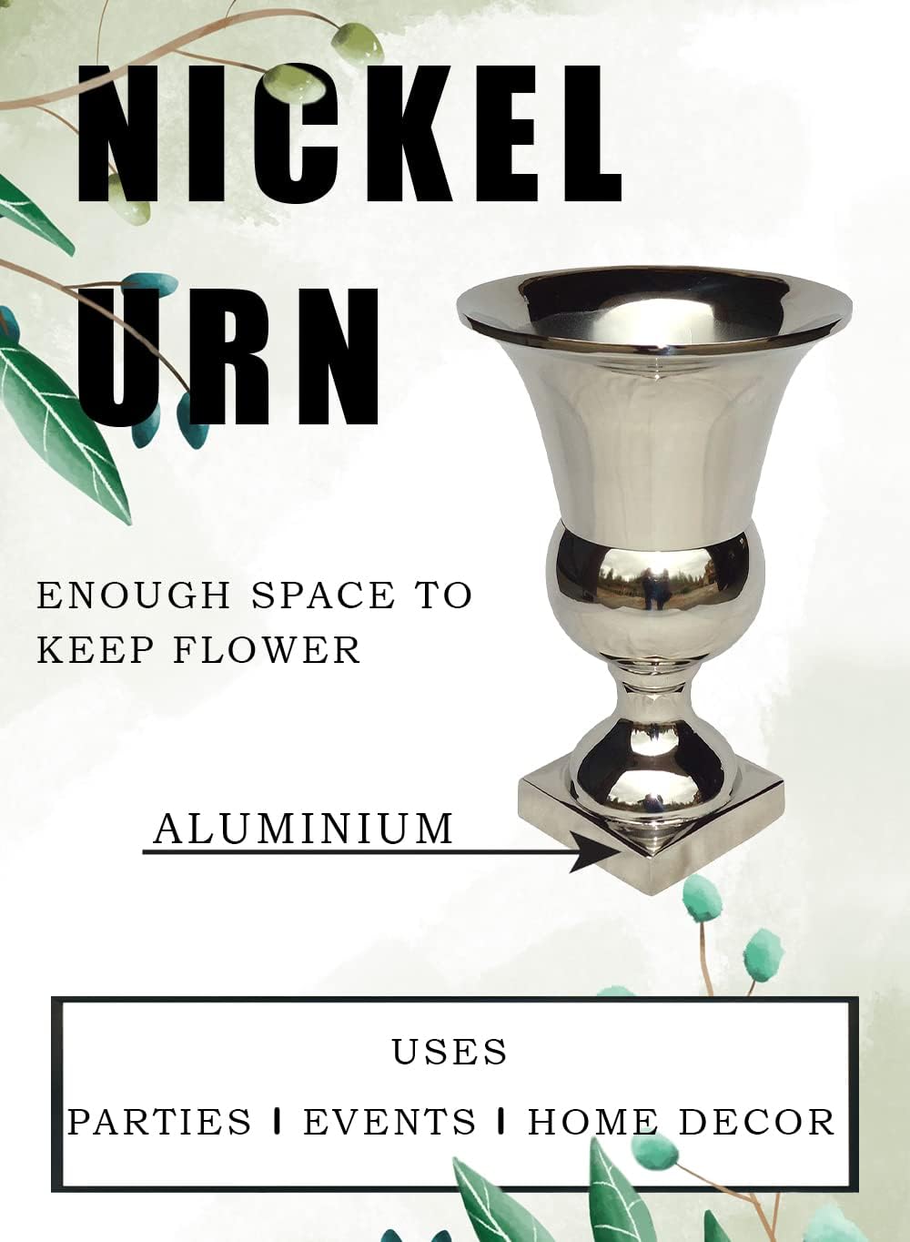 Serene Spaces Living Nickel Urn Vase, Metal Compote Vase, Metal Pedestal Urn Planter, Ideal for Floral Centerpieces, Home Decor, Weddings, Parties, Events, Measures 10.75" Tall & 7" Diameter