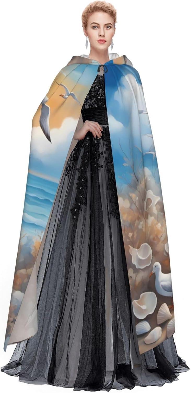 Unisex Full Length Hooded Halloween Christmas Party Robe Cloak Cape Cosplay Costume Men Women Many Cute Seagulls Prints Black