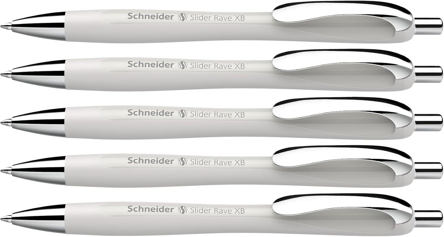 Schneider Slider Rave XB Ballpoint Pen Soft Writing without Scratching for Long Texts at School, University and Work Pack of 5 Silver Grey Ink Colour: Blue