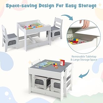 Costzon Kids Table and Chair Set, 3 in 1 Wooden Activity Table for Toddlers Arts, Crafts, Drawing, Reading, Playroom, Toddler Table and Chair Set w/ 2 in 1 Tabletop, Storage Space, Gift for Boy & Girl