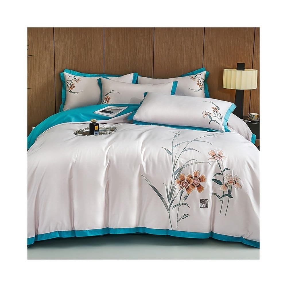 S5b8w3g7 Blue Bedding Set Luxury Chinese Style Flowers Embroidery Bedding Set Soft Breathable 600Tc Egyptian Cotton Duvet Cover 4 Pcs Home Textile
