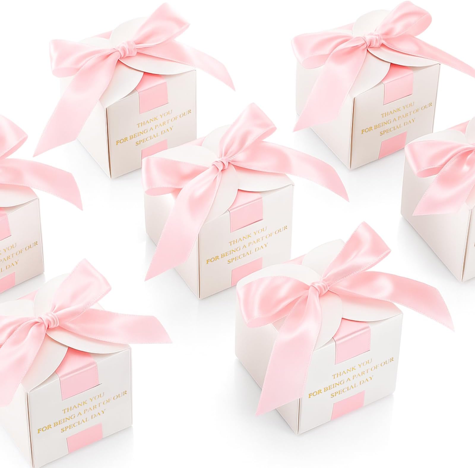 Marspark 50 Pcs Wedding Favor Boxes, 2.5 x 2.5 x 2.5 Inch Wedding Party Candy Boxes with Ribbons Bridal Gift for Guests Bridal Shower Birthday Party Anniversary Supplies(Pink)