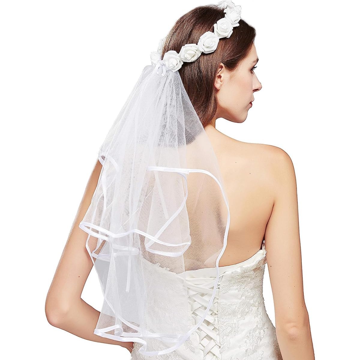 PALAY® Bridal Veil for Wedding White Floral Headband Veil with Boho Flower Crown, 60cm Soft Tulle Ivory Layer, Bride to Party, Bridal Shower, Wedding Accessory