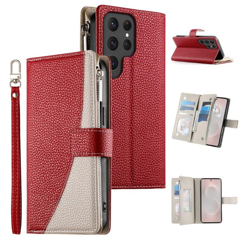 Étui Samsung Galaxy S24 Ultra étui portefeuille rigide à rabat cuir rouge zippé