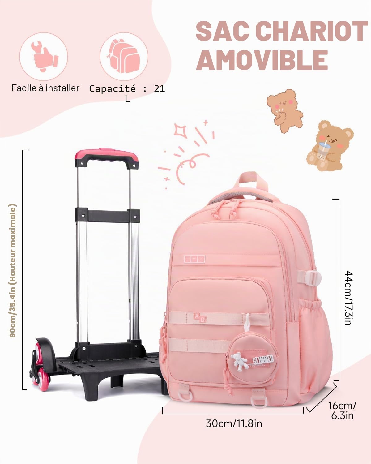 Amythe Cartable à Roulettes Fille 9-16 Ans, Sac à Dos École Primaire avec Chariot Démontable, 6 Roues, 21L Sac D'école à Roulettes avec pour Filles, Rose