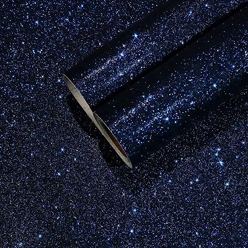 CHIHUT 15.7''x236'' Dark Blue Glitter Contact Paper for Walls Self Adhesive Black Blue Glitter Wallpaper Stick and Peel Removable Fabric Wallpaper Decorative Sparkle Wall Paper for Cabinets Dresser