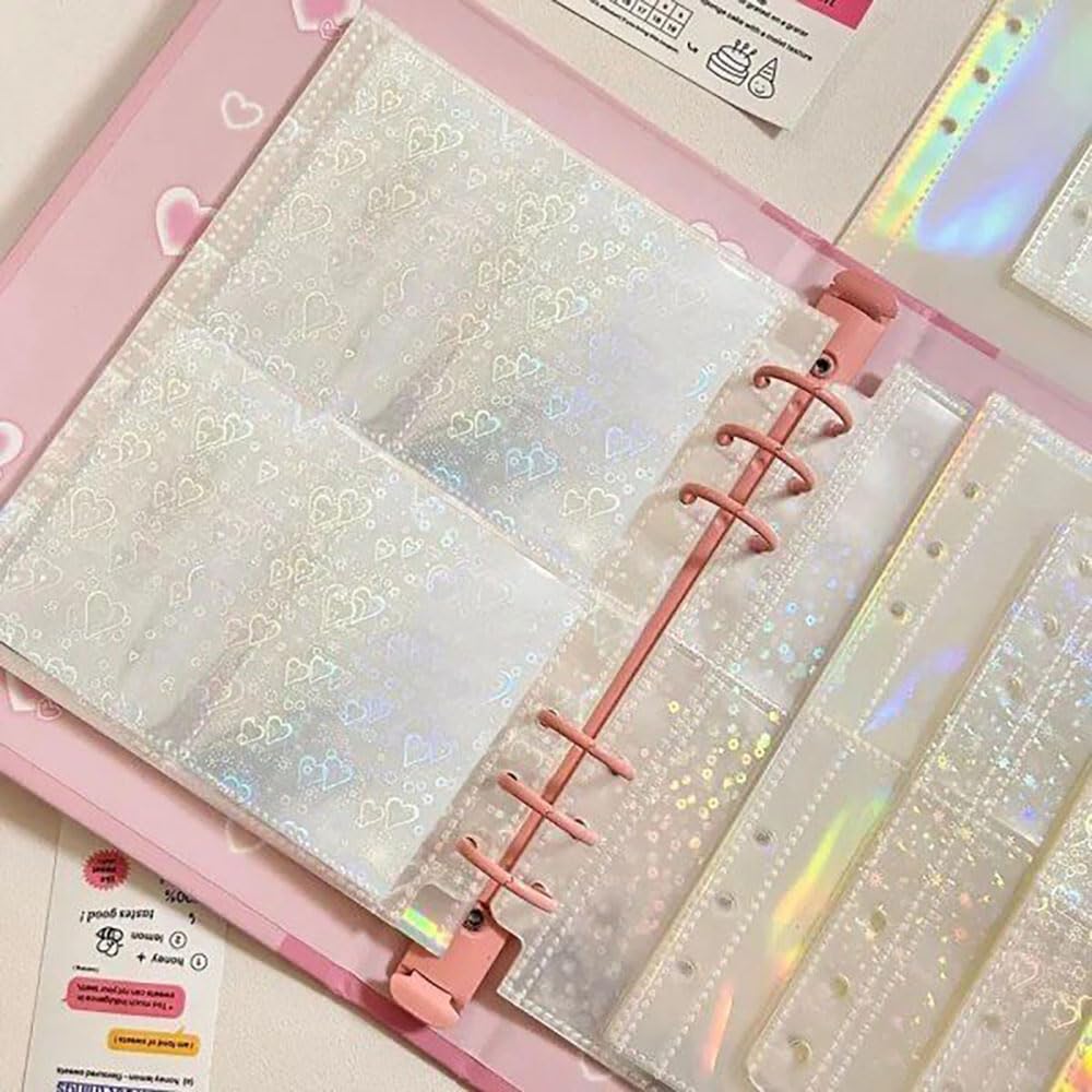 12 fogli A5 buste per raccoglitori di carte con 8 tasche, 6 tasche per raccoglitori di carte a 6 anelli, maniche double-face per fotocard laser, stelle, fiori, cuore, pagine per album fotografici