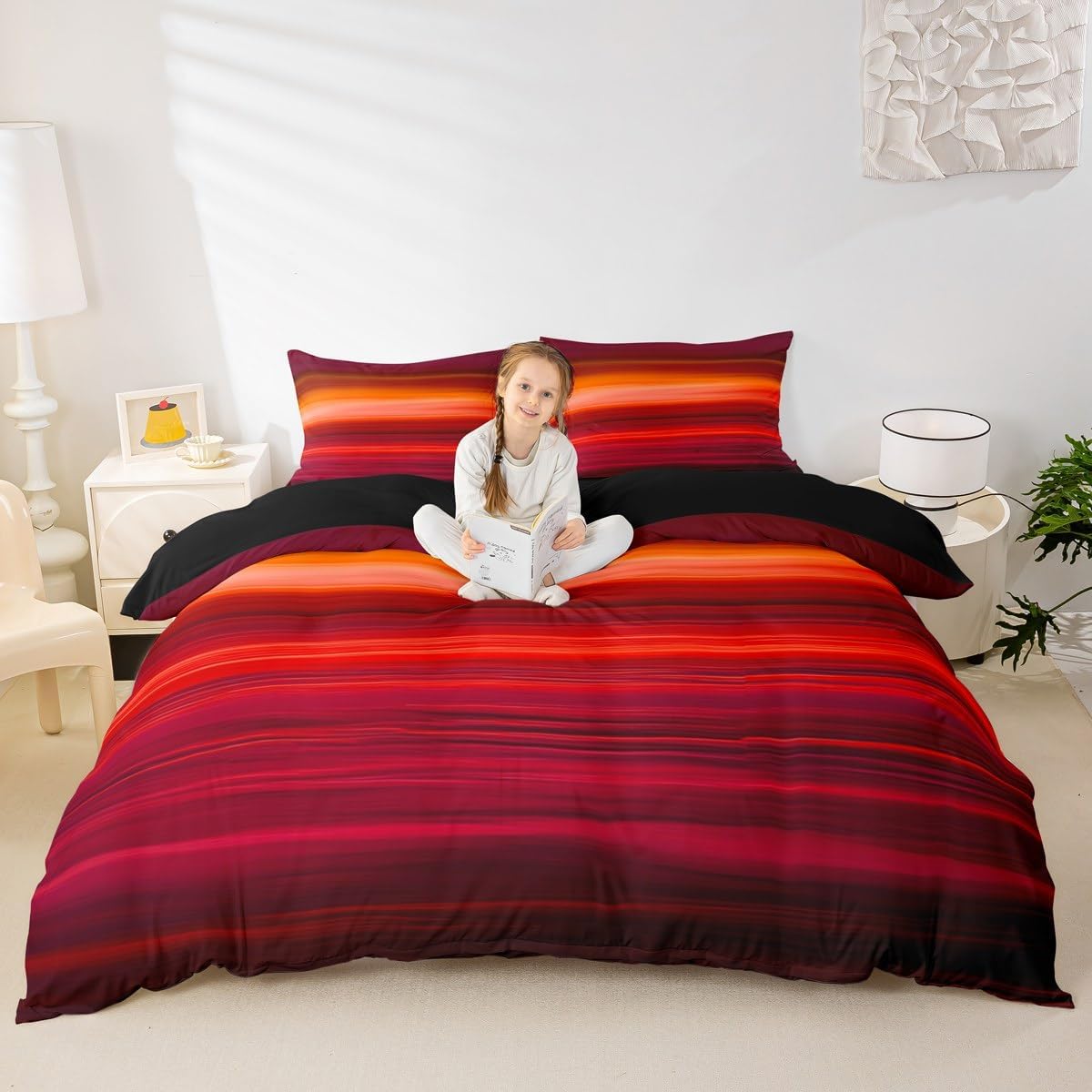 Red Print Comforter Cover Sunset Color Bedding Set Red Tropical Exotic Stripe Duvet Cover for Children Kids Boys Girls Microfiber Modern Design Bedspread Cover Room Decor Bedclothes King Size