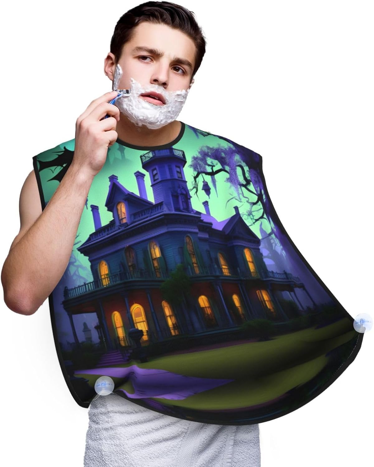 Black Haunted Mansions Print Beard Bib Apron, Shaving Apron For Dad, Men'S Hair Catcher For Shaving Best Gifts For Dad