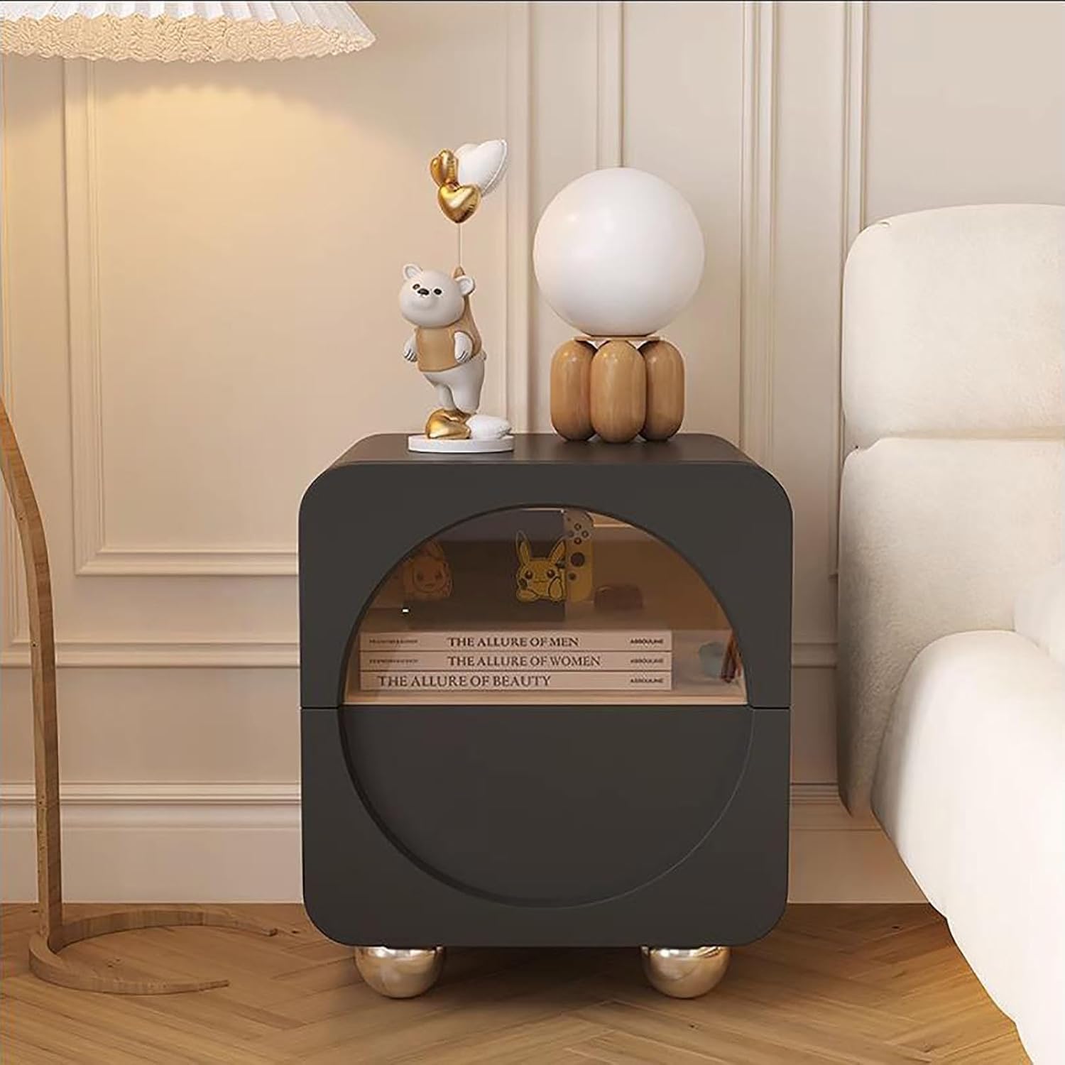 Table de chevet minimaliste et pratique verre sarcelle et cuir noir