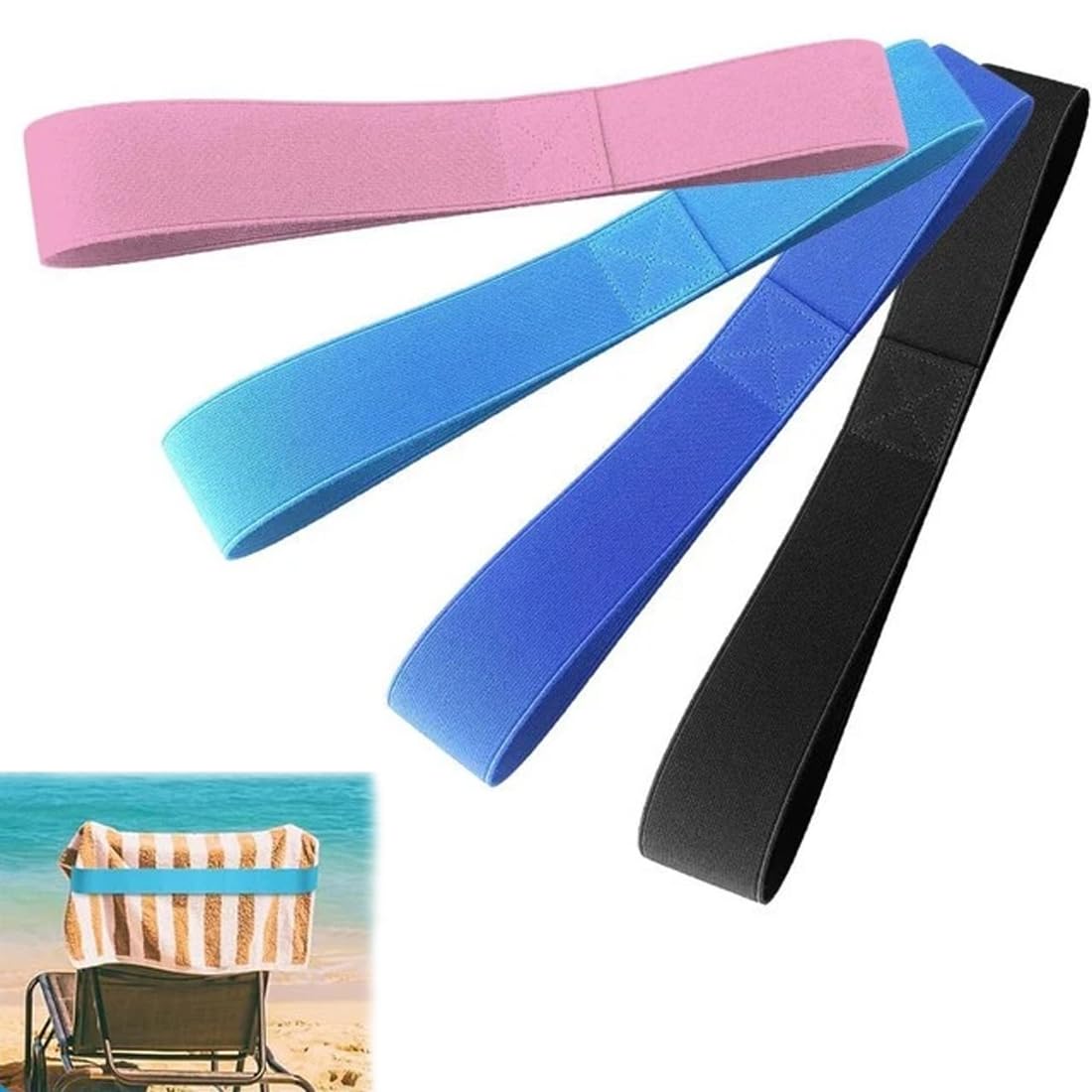 FiTspi 4Pcs Beach Towel Bands, Elastic Sun Loungers Towel Holders, Durable Towel Clips to Secure Towels on Chairs, Sunbed Towel Straps for Pool, Beaches, And Outdoor Use